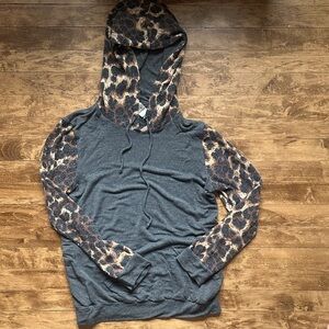 Women's Charcoal Hoodie with Leopard Print Sleeves